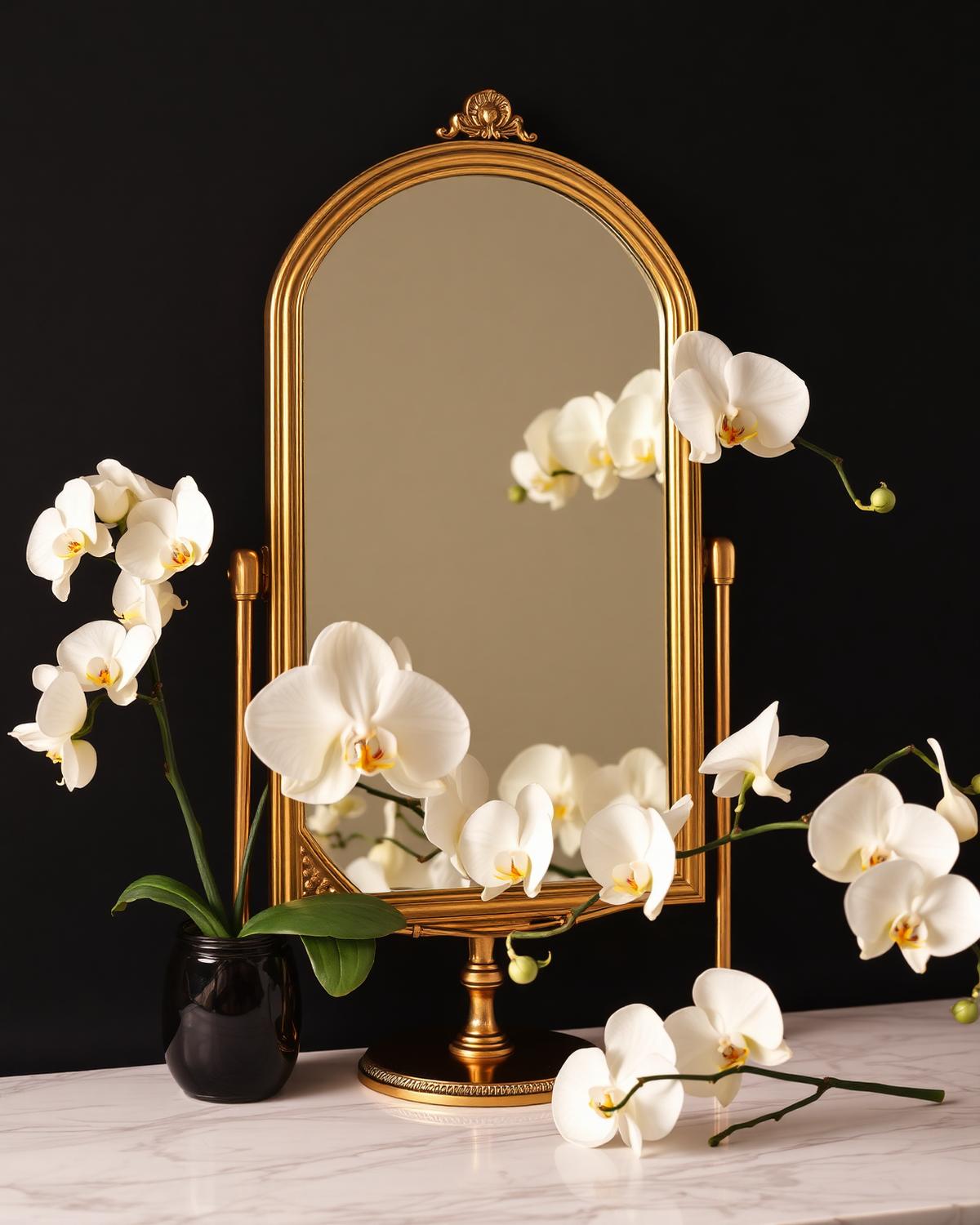 The Royal Glow Beauty Experience, gilded vanity with white orchids